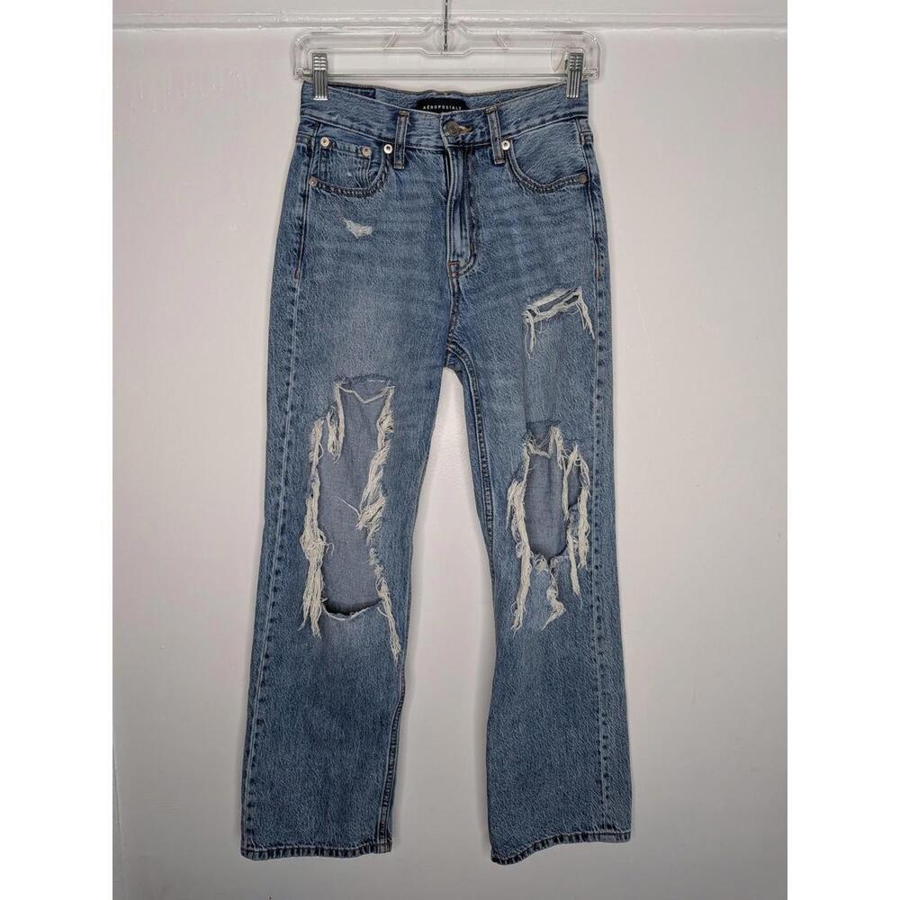 Aeropostale Jeans Juniors 00 Short Blue High Rise Mom Ripped Distressed